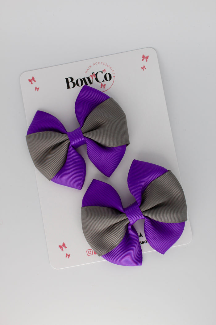 School Bows Purple and Metal Grey - Round Tuxedo Bow Set - Clip