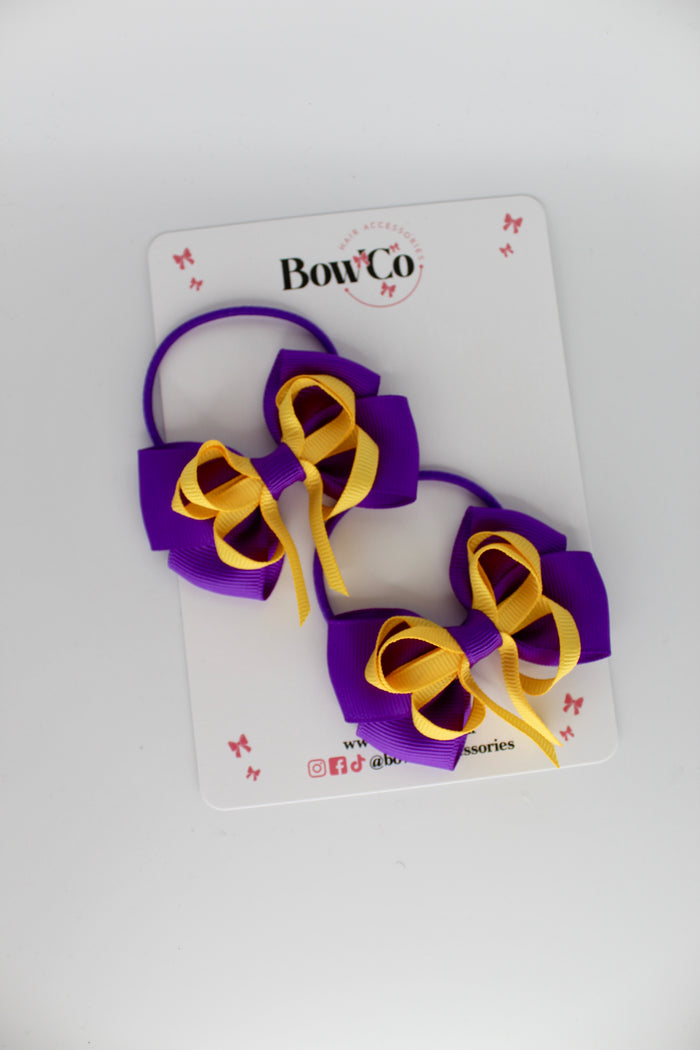 School Bows Purple and Yellow Gold - Double Bow Set - Elastic