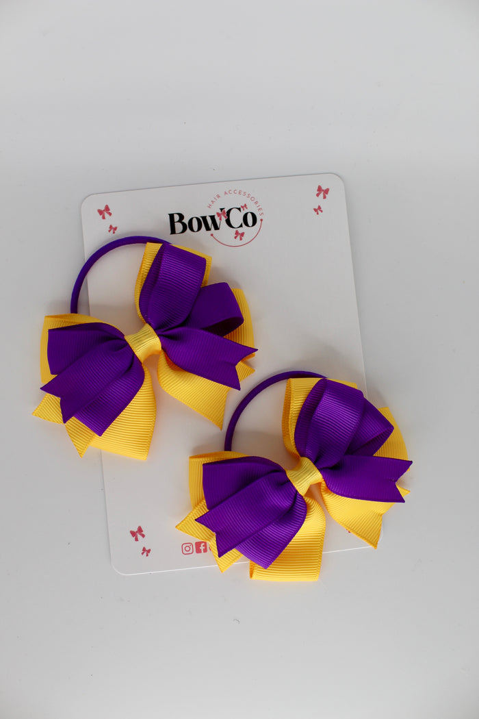 School Bows Purple and Yellow Gold - Double Tail Bow Set - Elastic