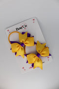 School Bows Purple and Yellow Gold - Layer Tail Bow Set - Elastic