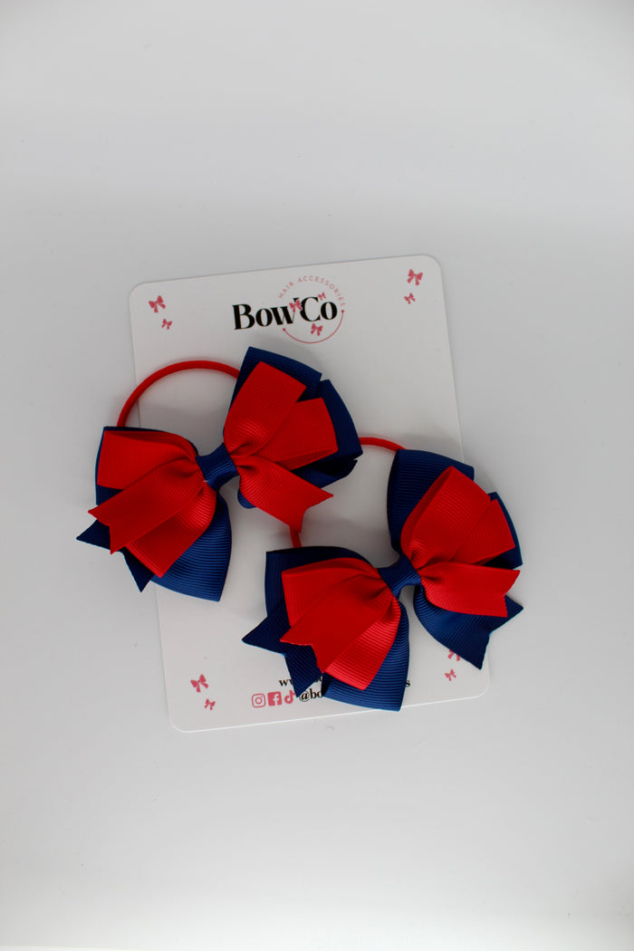 School Bows Red and Navy Blue - Double Tail Bow Set - Elastic