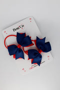 School Bows Red and Navy Blue - Layer Tail Bow Set - Elastic