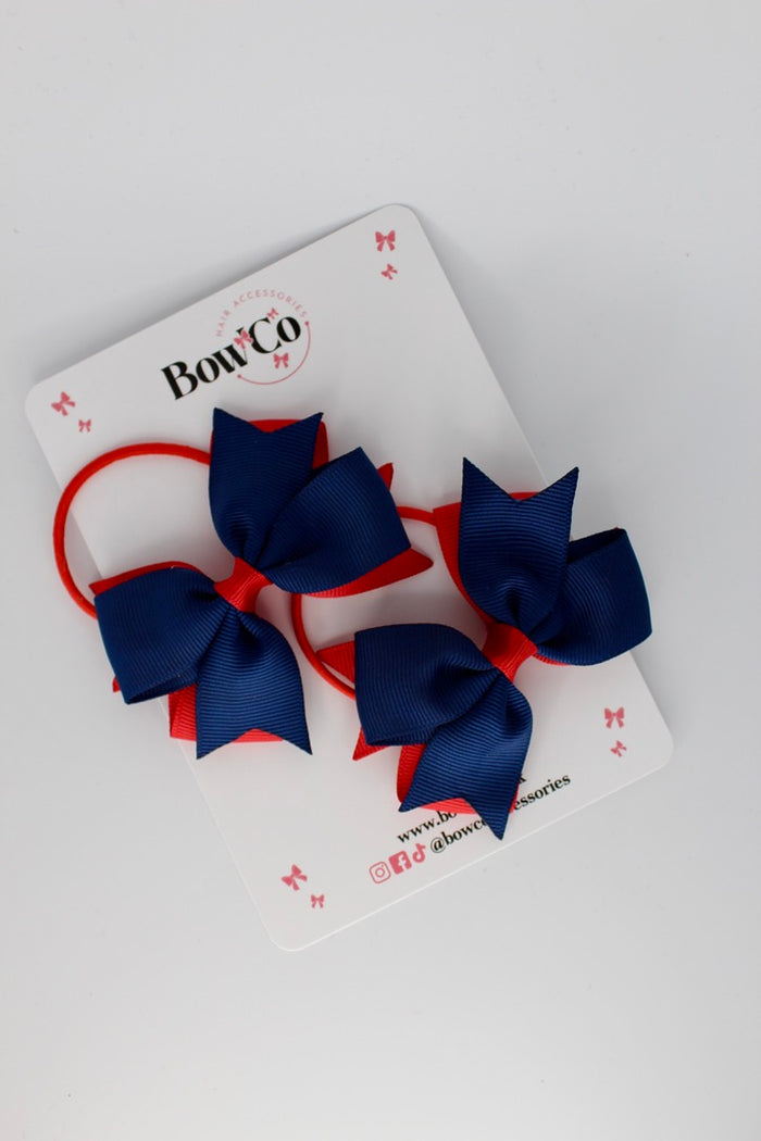 School Bows Red and Navy Blue - Layer Tail Bow Set - Elastic