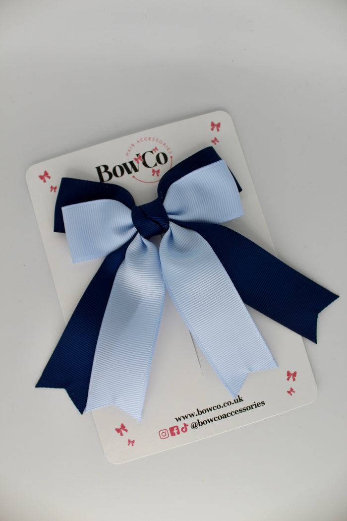 School Navy Blue and Bluebell Double Ribbon Tail Bow – Clip