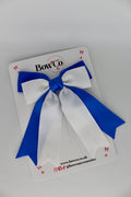 School Royal Blue and White Double Ribbon Tail Bow – Clip