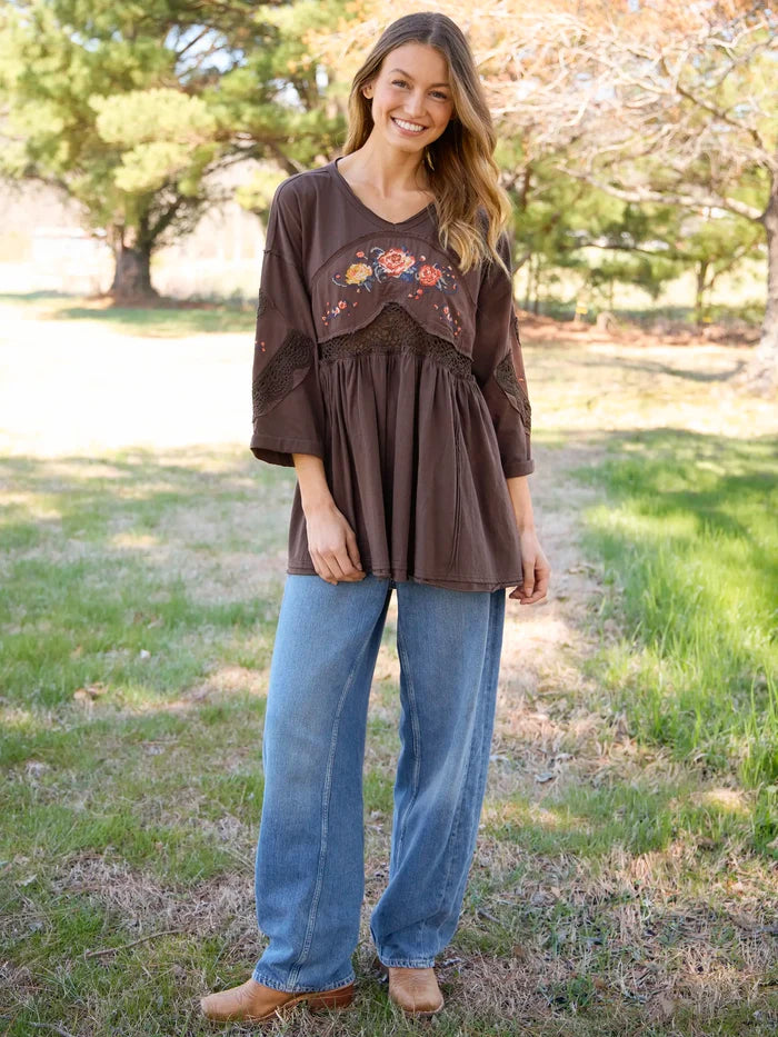 Secret Garden Embroidered Cotton Tunic - Brown-view 1