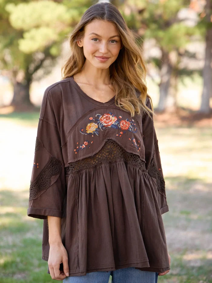 Secret Garden Embroidered Cotton Tunic - Brown-view 2