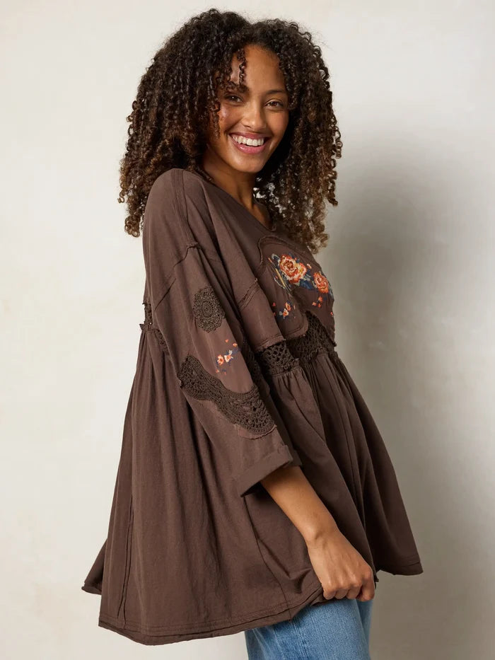 Secret Garden Embroidered Cotton Tunic - Brown-view 5