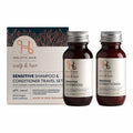 50ml travel bottles of Sensitive Shampoo & Conditioner next to box packaging on a white background.