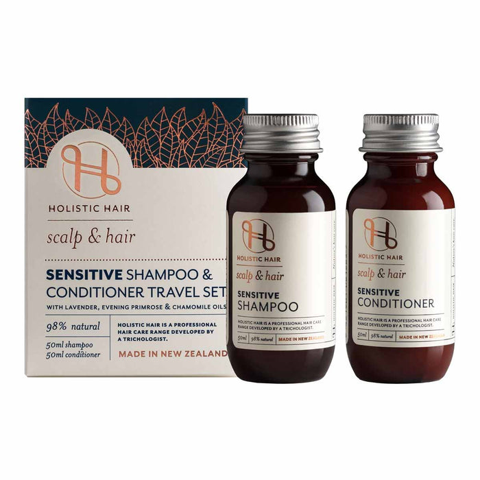 50ml travel bottles of Sensitive Shampoo & Conditioner next to box packaging on a white background.