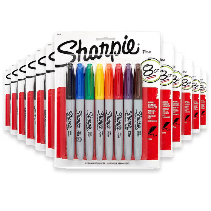 Sharpie Permanent Markers, Fine Point, Assorted Colors - 8 Ct - 12 Pack