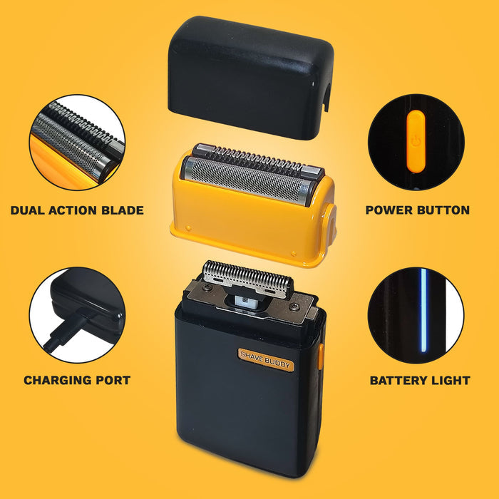 Component breakdown of the Shave Buddy showing the dual-action blade, power interface, battery LED indicator, and USB-C charging port.