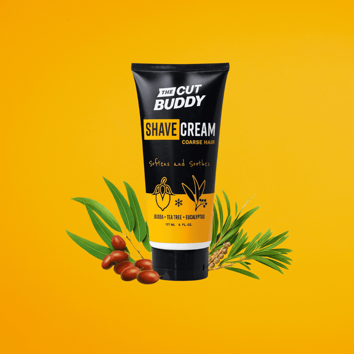 The Cut Buddy Shave Cream for coarse hair featuring natural jojoba, tea tree, and eucalyptus ingredients for softening and soothing skin.