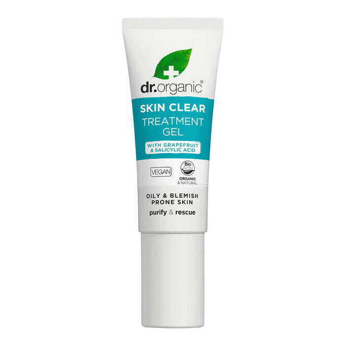 10ml tube Dr. Organic Skin Clear Tea Tree Treatment Gel for targeted use on spots, blemishes, and breakouts.