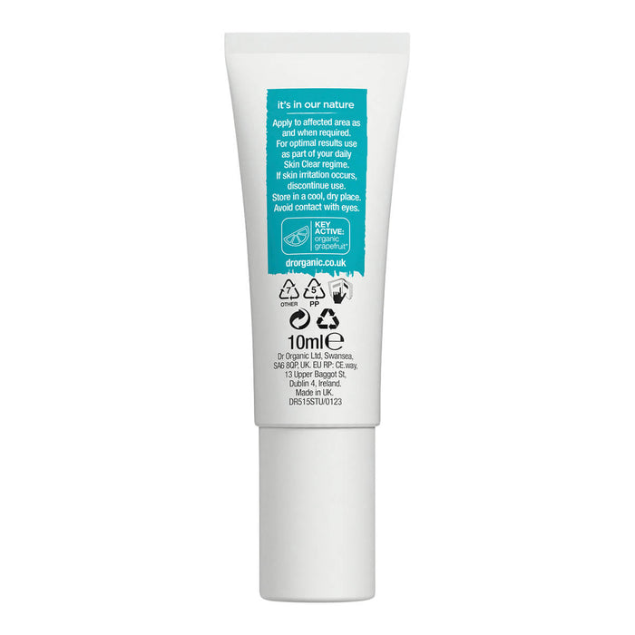 Back of 10ml tube Dr. Organic Skin Clear Tea Tree Treatment Gel for targeted use on spots, blemishes, and breakouts.