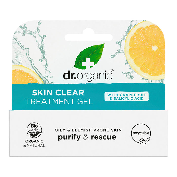 10ml box Dr. Organic Skin Clear Tea Tree Treatment Gel for targeted use on spots, blemishes, and breakouts.