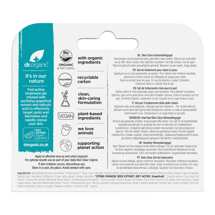 Back of 10ml box Dr. Organic Skin Clear Tea Tree Treatment Gel for targeted use on spots, blemishes, and breakouts.