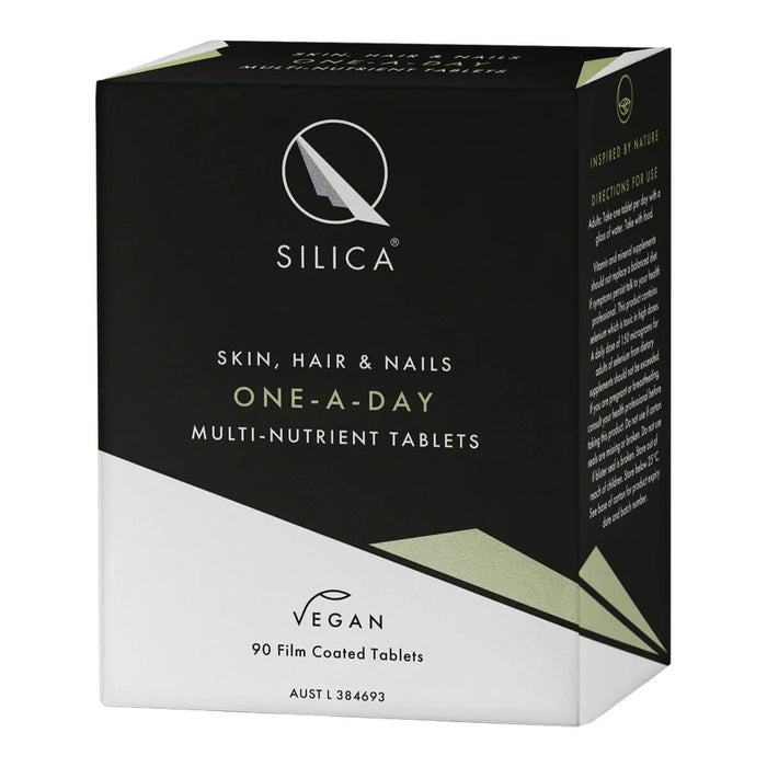 Box of Qsilica Skin, Hair & Nails One-A-Day multi-nutrient tablets on a white background.