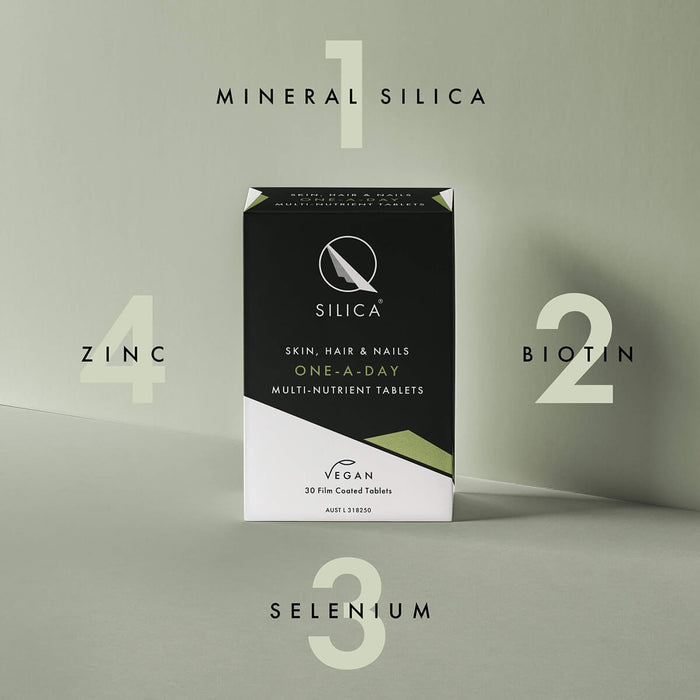 Qsilica supplement box with key nutrients listed on a neutral background.