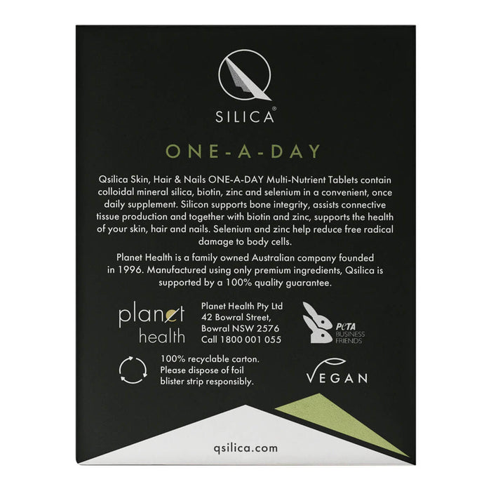 Back of Qsilica One-A-Day supplement packaging with branding and product details.