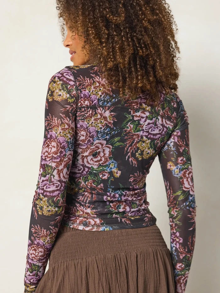 Sloane Mesh Long Sleeve Top - Brooklyn Bouquets Charcoal-view 3
