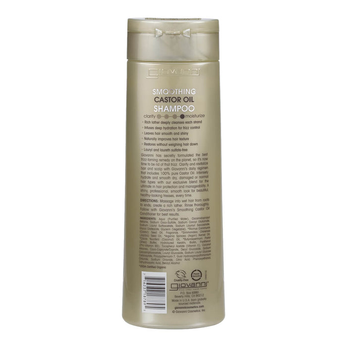 Back of bottle of castor oil shampoo for all hair types showing directions and ingredients.
