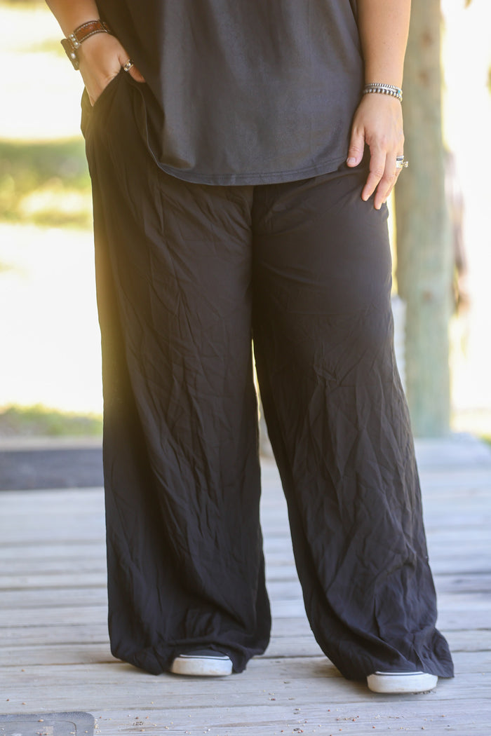Solid Black Elastic Waist Wide Leg Pants