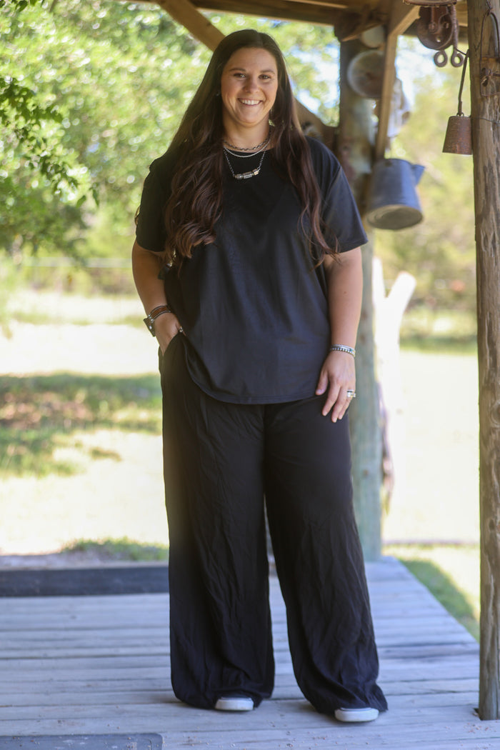 Solid Black Elastic Waist Wide Leg Pants