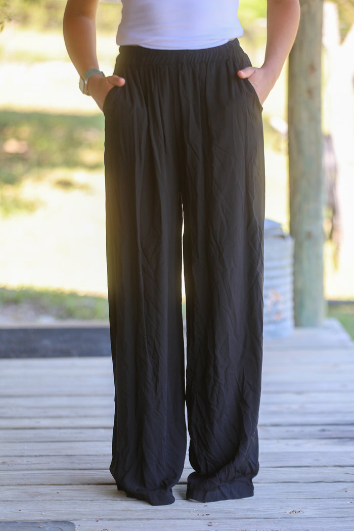Solid Black Elastic Waist Wide Leg Pants
