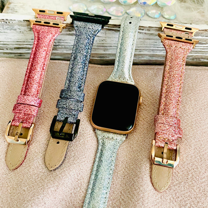 Sparkly Slim Leather Band For Apple Watch Multiple Colors Available — Its soft texture feels great against your skin, so comfortable you may even forget you're wearing it.