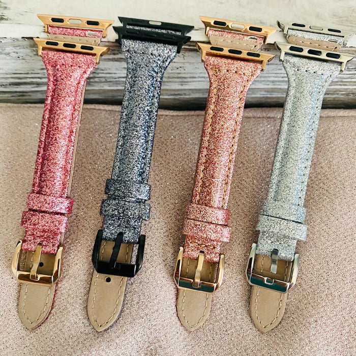 Sparkly Slim Leather Band For Apple Watch Multiple Colors Available — Its soft texture feels great against your skin, so comfortable you may even forget you're wearing it.