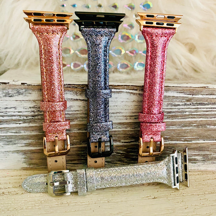 Sparkly Slim Leather Band For Apple Watch Multiple Colors Available — Its soft texture feels great against your skin, so comfortable you may even forget you're wearing it.