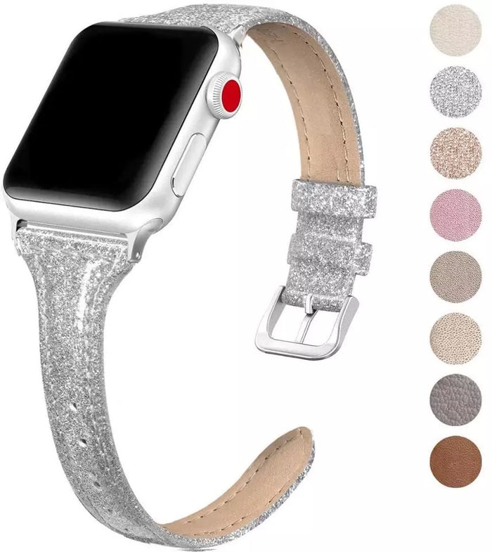 Sparkly Slim Leather Band For Apple Watch Multiple Colors Available — Its soft texture feels great against your skin, so comfortable you may even forget you're wearing it.