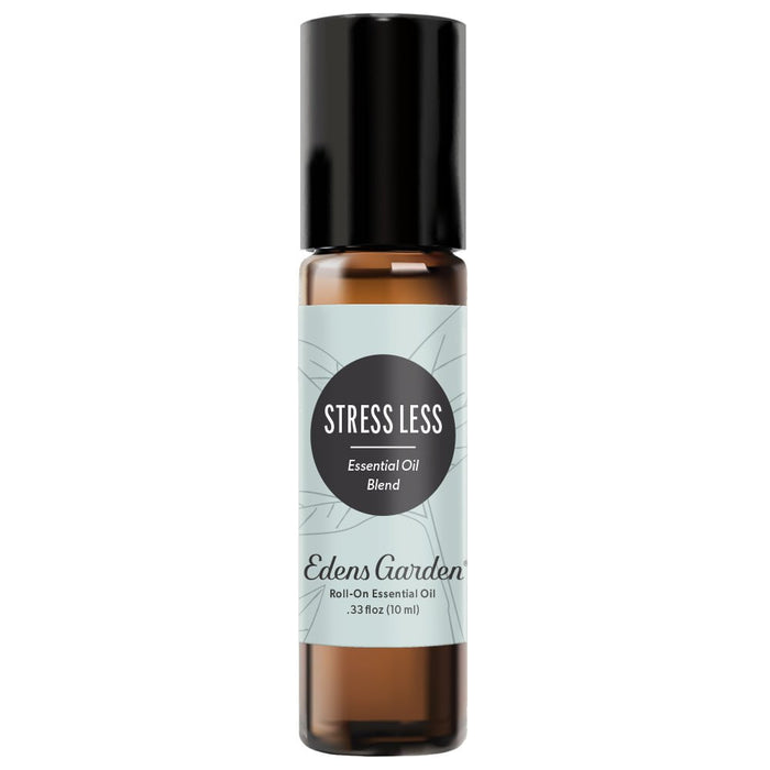A black roll-on bottle labeled 'STRESS LESS Essential Oil Blend' by Edens Garden.
