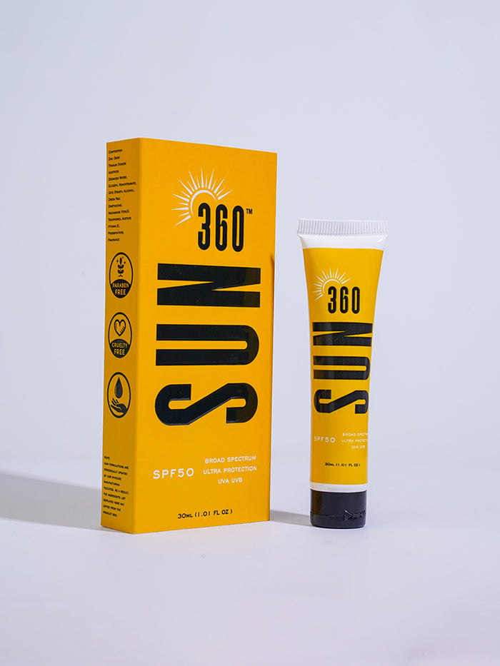 Sunscreen packaging with '360 Sun' branding on a light gray background