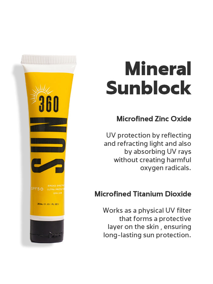 Yellow tube of Mineral Sunblock with text on a white background
