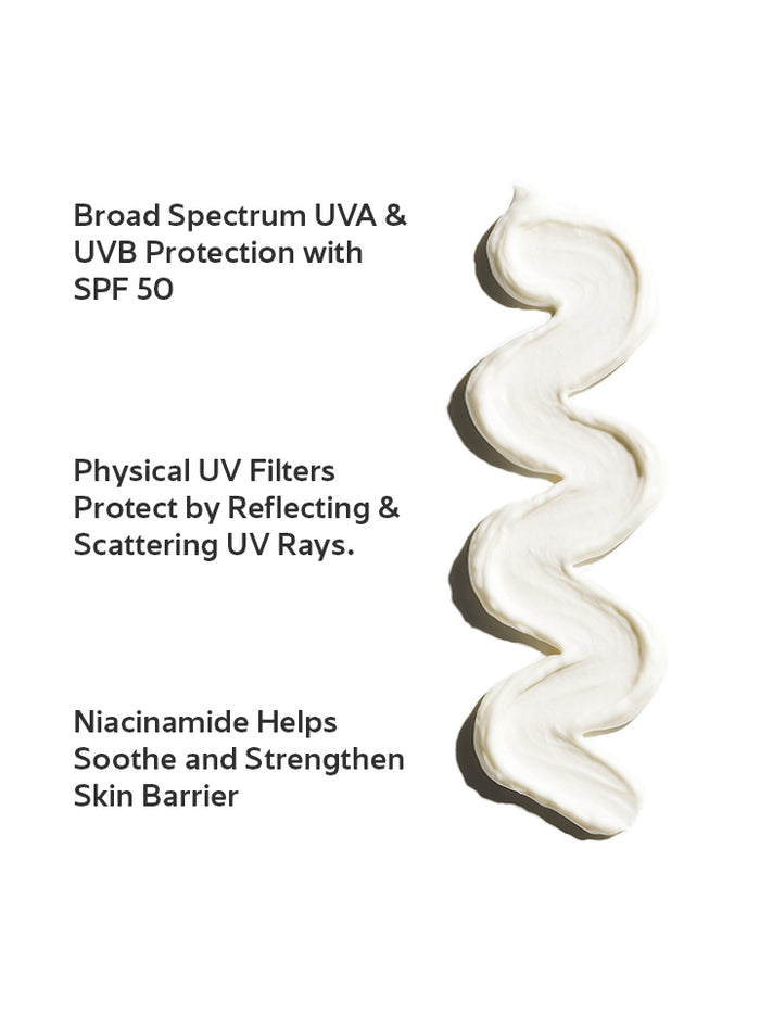 Cosmetic cream with text about UVA/UVB protection, SPF 50, physical UV filters, and niacinamide benefits on a white background.