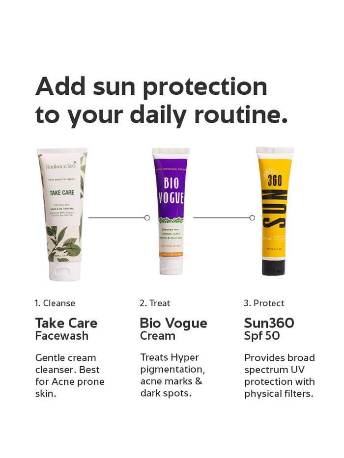 Three skincare products with labels and text on a white background