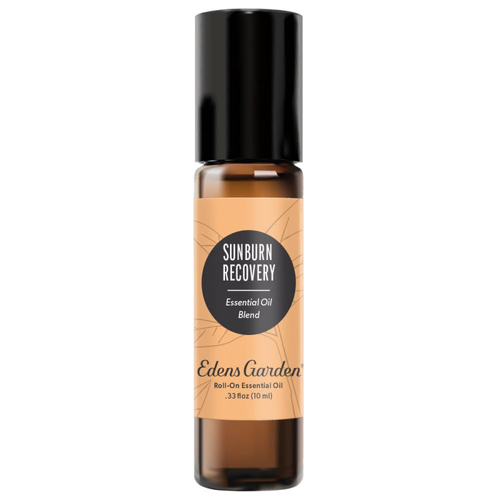 A black roll-on bottle with a label reading 'Sunburn Recovery Essential Oil Blend' by Edens Garden.
