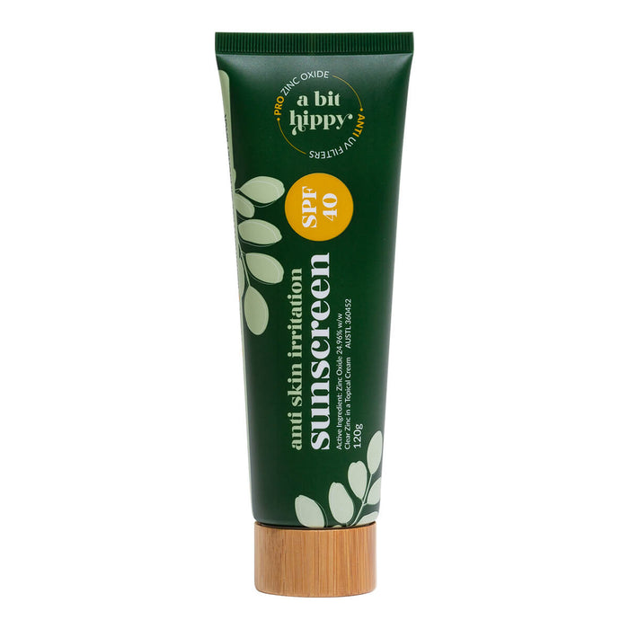 Bottle of natural sunscreen with zinc oxide and SPF40.