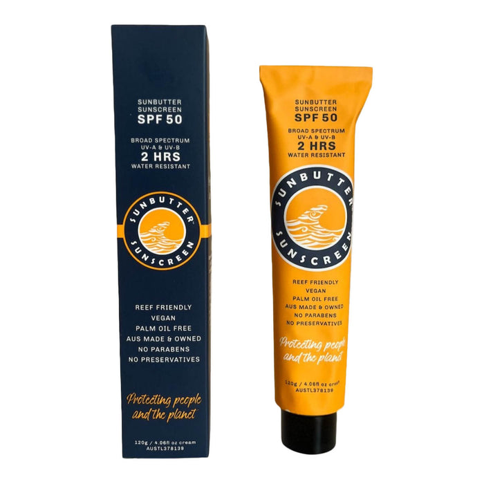 Sunbutter sunscreen SPF 50 tube and packaging on a white background