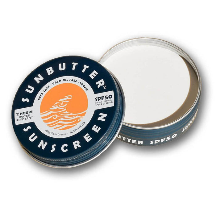 Sunbutter sunscreen tin with open lid on a white background