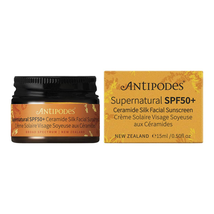 Antipodes Supernatural SPF50+ sunscreen jar and packaging on a white background.