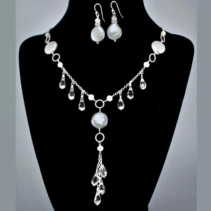 Natural Pearl and Swarovski Crystal  Bridal Necklace and Earrings Set