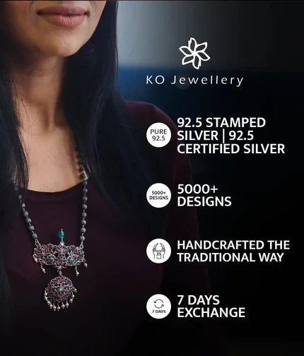 The Akshaya Silver Navratna Pendant Set (Oxidised)
