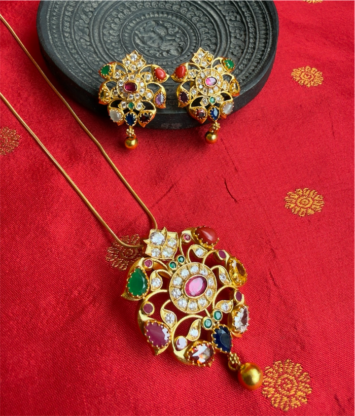 The Akshaya Silver Navratna Pendant Set