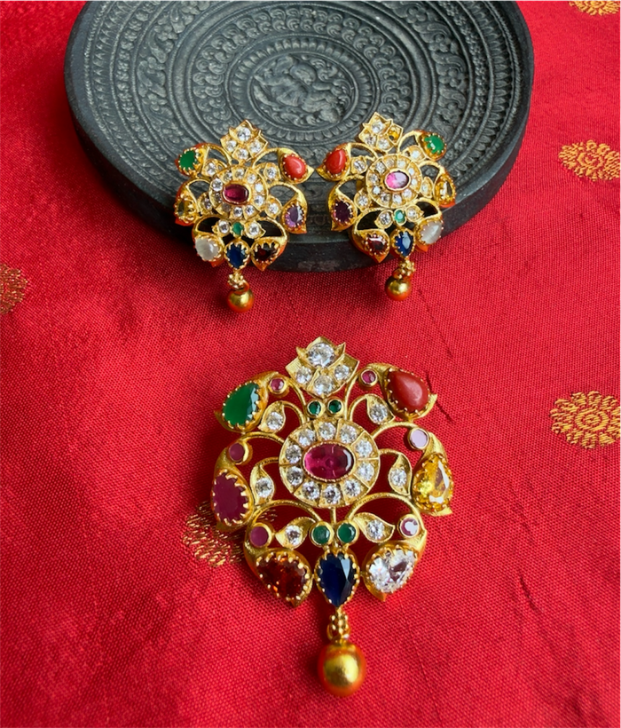 The Akshaya Silver Navratna Pendant Set