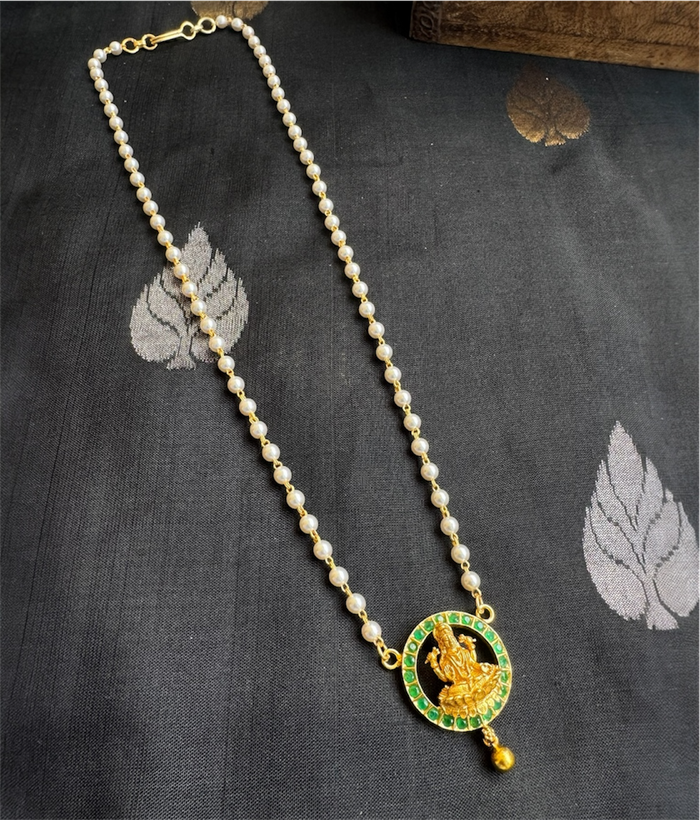 The Padmaja Silver Pearl Lakshmi Necklace (Green)