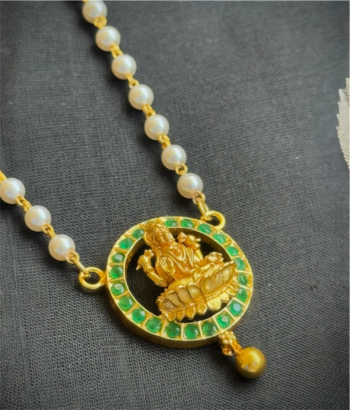 The Padmaja Silver Pearl Lakshmi Necklace (Green)