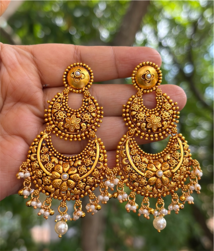 The Prisha Silver Pearl Floral Chandbali Earrings